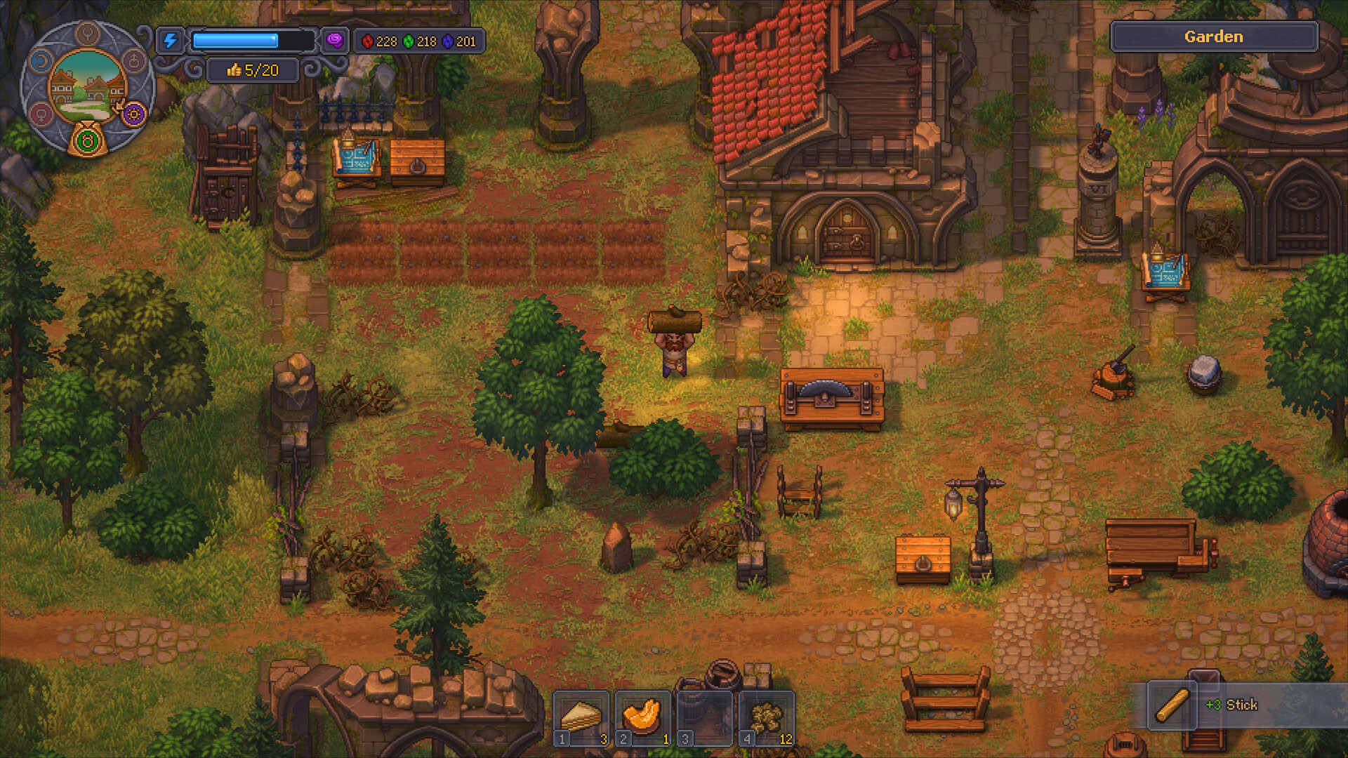 The Keeper carrying timber through the Garden in an official Graveyard Keeper 2 screenshot